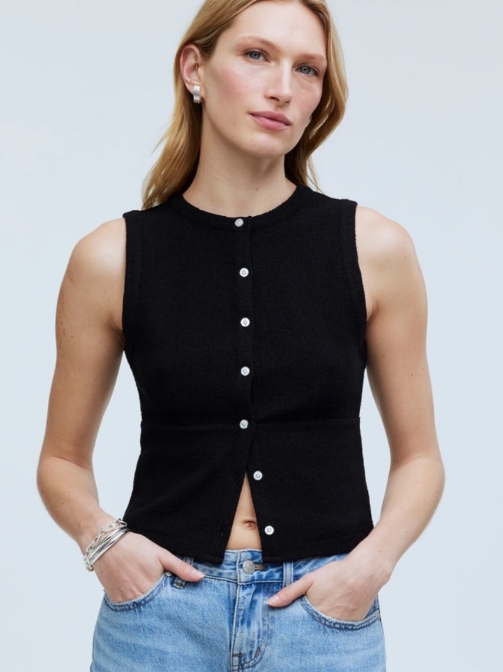 Madewell Black Sleeveless Button-Front Knit Tank